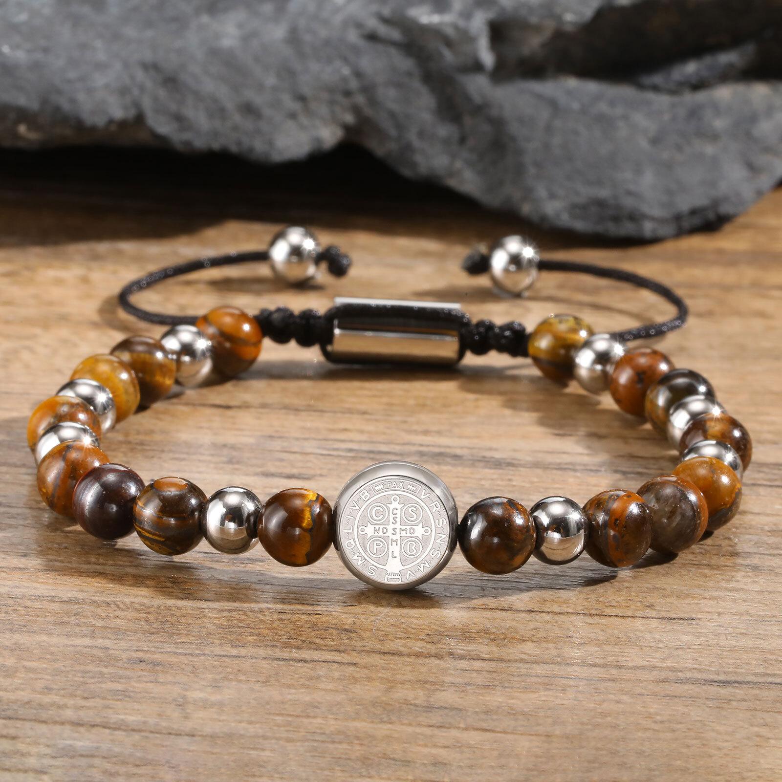 

Vnox Saint Benedict Medal Charm Bracelets, Adjustable Rope with Glossy Natural Stones Beads Wristband, Faith Accessory Gift