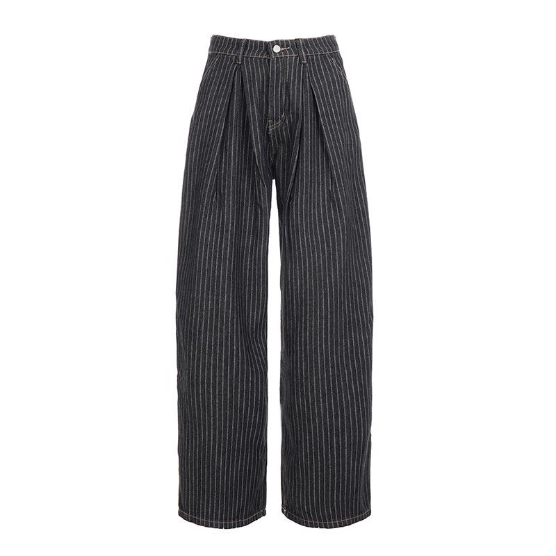 

Autumn Retro Striped Wide-Leg Jeans - Street Style Loose Fit Small чёрный