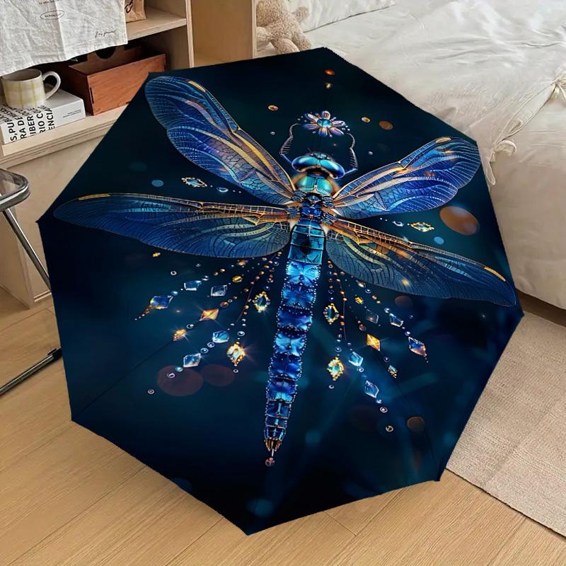1PC Dragonfly Glitter Automatic Open/Close Umbrella with Windproof, 8-Rib Sturdy Canopy, Durable Ribs, Fashionable Design, Outdoor Accessory, Fun Prin