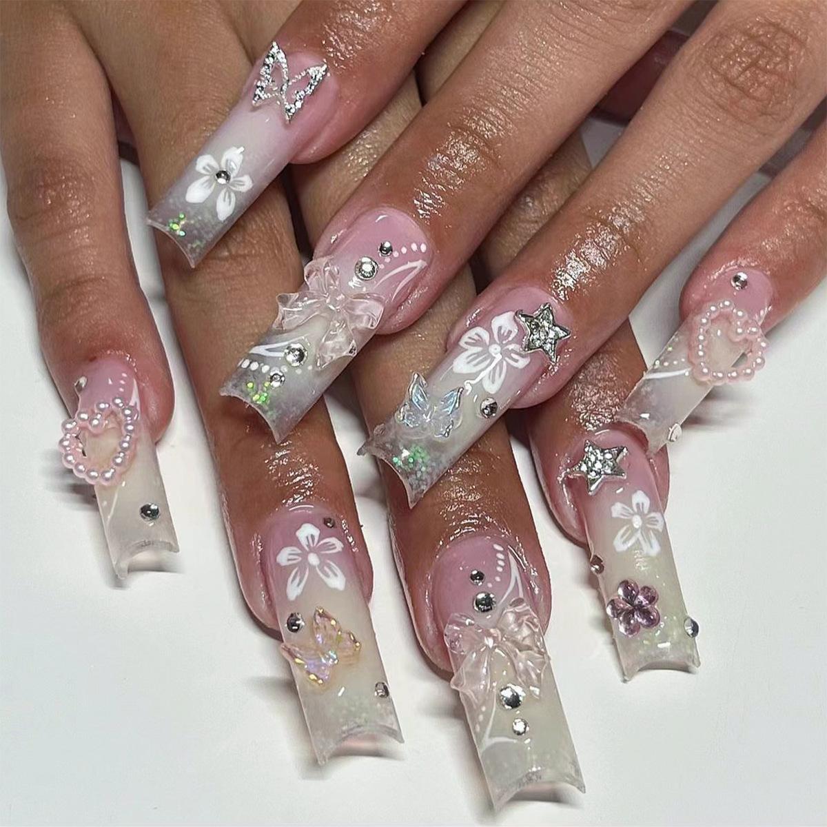 Wear nail bow flower pearl nail art piece love powder gradual change light luxury glitter butterfly point diamond nail piece