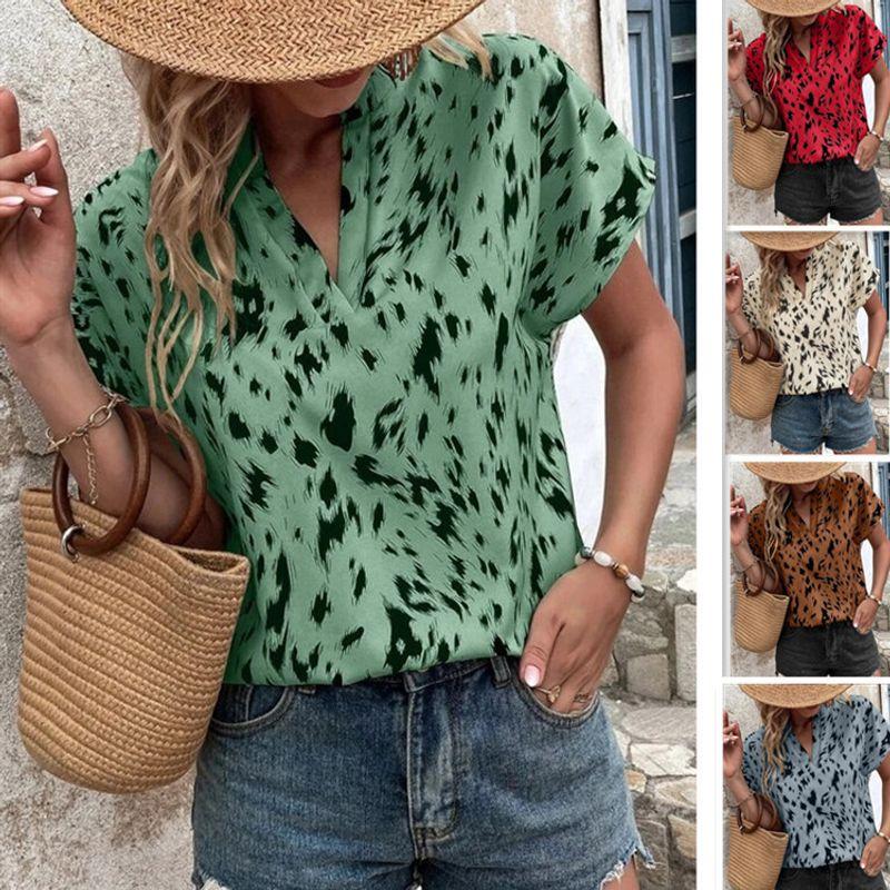 

2023 Women s V-neck Loose Short Sleeve Pullover Shirt Blue S