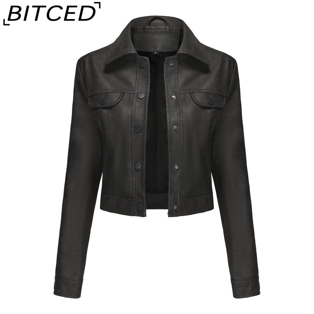 BITCED Spring/Autumn Lightweight Leather Jacket for Women Multi-Pocket Cardigan Style Casual Jacket Fashionable Trendy Everyday Outerwear