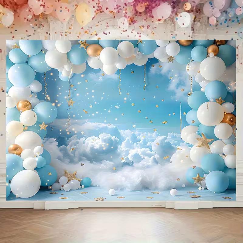 2D Witte Wolkenlucht Achtergrond, Blauw Wit Goud Ballon Baby Banner
