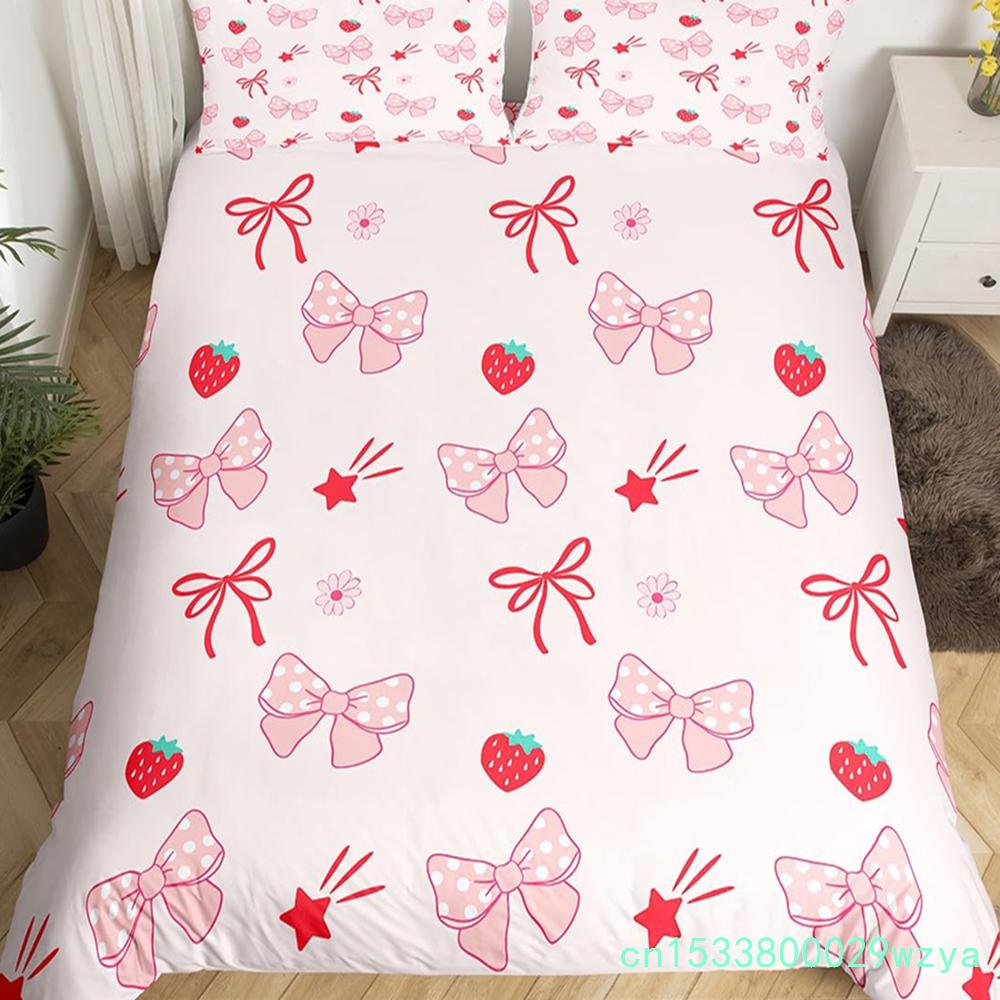 Bowknot Girlish Duvet Cover Cherry Cake Cartoon Bedding Set Cute Dots Love Heart Bow-tie Comforter Cover,Pink Kawaii Quilt Cover