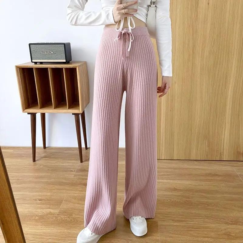 

Autumn and Winter Elastic Loose Slim Casual Pants Thickened Pit Strip Pink Wide-leg Pants for Women S рожевий