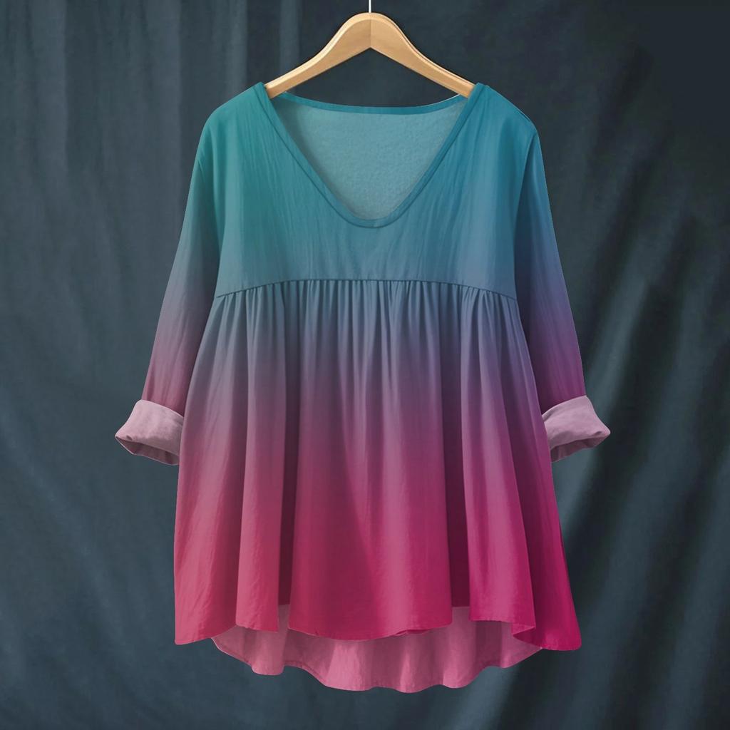 Women's Fashionable And Casual Shirt Long-sleeved V-neck Print Cotton And Linen Blouse