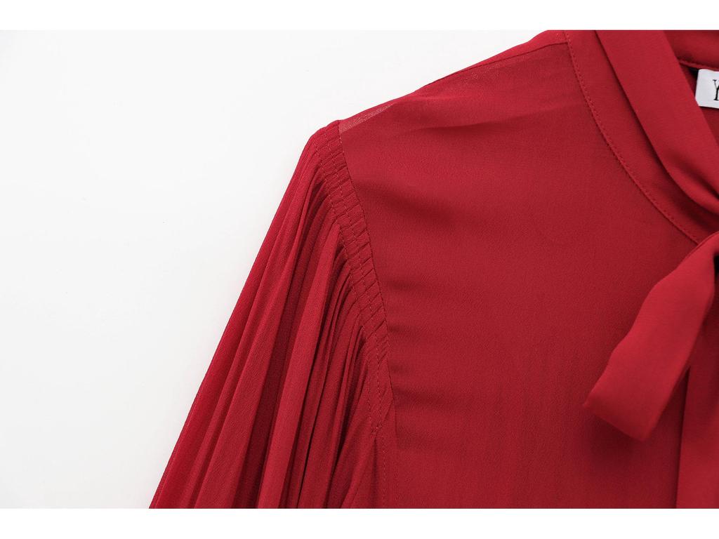European & American Style Women's Red Bow Long Sleeve Stand Collar Shirt