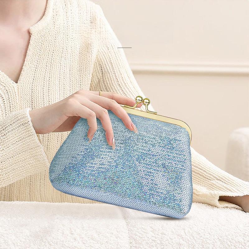 Trendy Sequined Clip Bag Women Portable Travel Makeup Bag Lipstick Corduroy Pu Storage Bag Gold-plated Metal Clip Design Wallet