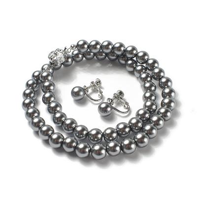 Made In Japan Formal Gray Pearl 8mm Bead 56cm Necklace and Earrings 2 Piece Set for Ceremonial Occasions Drawstring Bag Included Black Color [CRANES