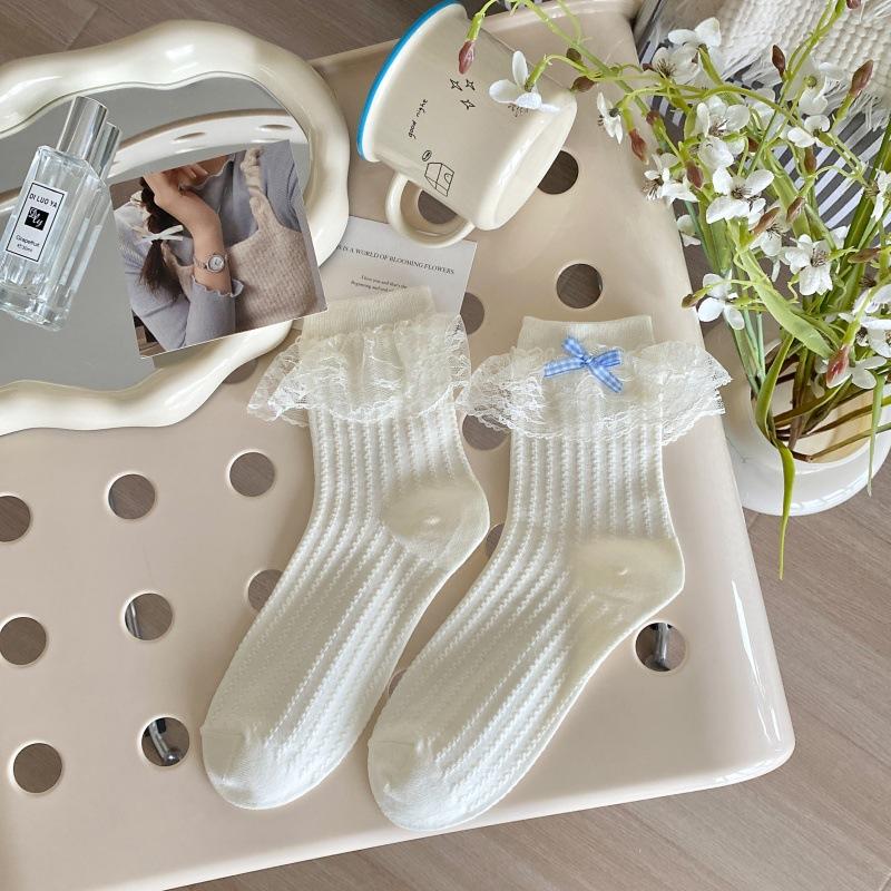 Female Spring Summer New Style Sweet Lace Edge Bow In The Tube Pile Socks