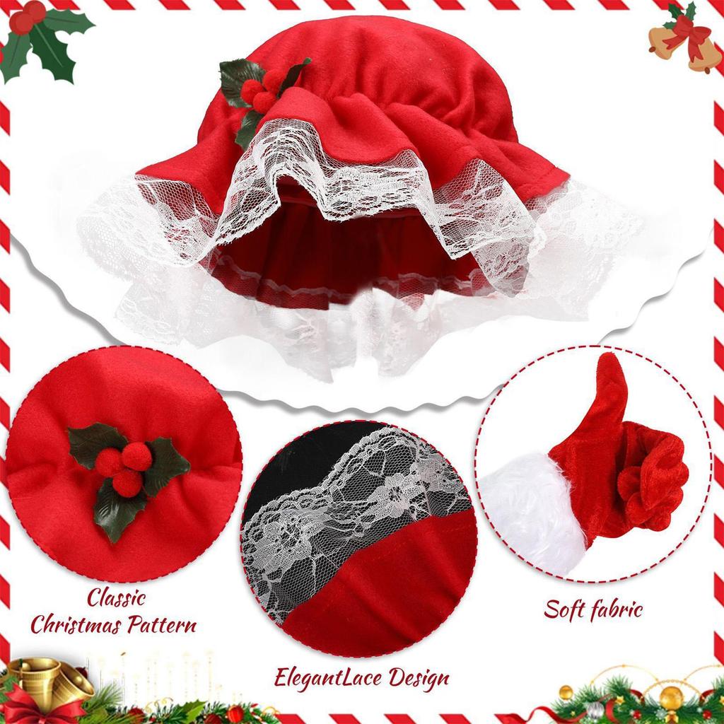 Mrs Claus Costume Hat and Gloves Set Red White Christmas Role Play Dress Up Accessories Gift for Women Girls Kids Party Photo