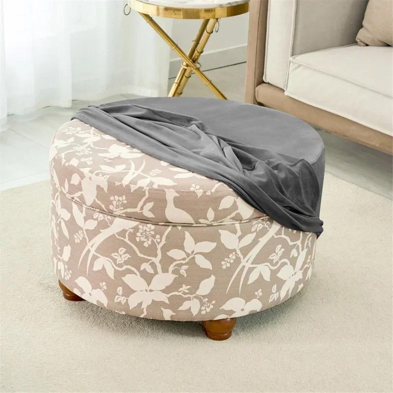 Velvet Round Ottoman Stool Cover Living Room Stretch Footstool Covers Elastic All-inclusive Footrest Foot Stool Slipcovers