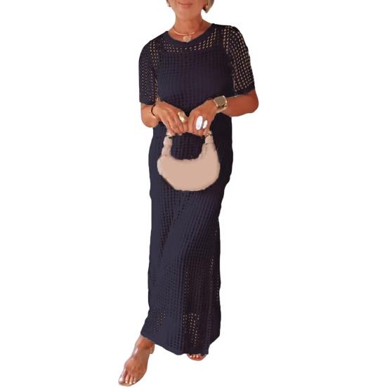 Women's Dress Cover Up Set Sleeveless Long Dress And Short Sleeve Knitted Hollow Cover Up