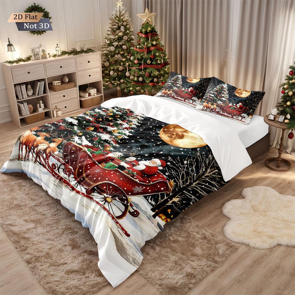 3pcs Santa Claus Reindeer Red Print Coreless Duvet Set Multi Size Bedroom Bedding Holiday Decoration Soft Machine Washable