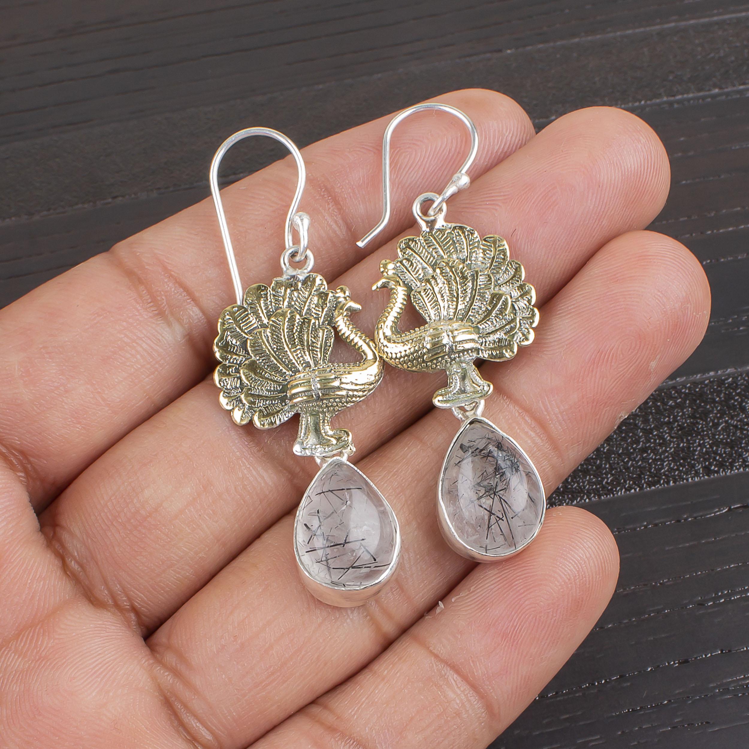 

Ювелирные изделия из черного рутила, серьги из цельного серебра 925 пробы с драгоценными камнями, серьги ручной работы, на День памяти 2.20 Inches чёрный