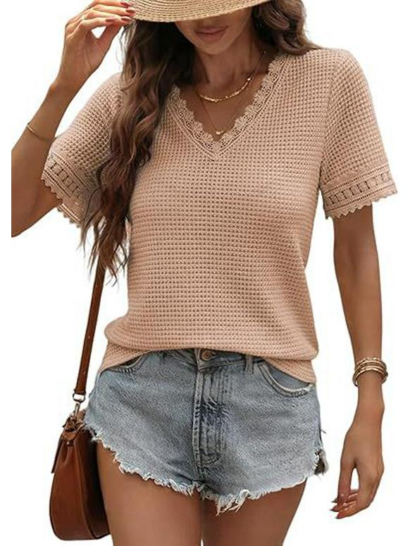 2026 Women's Casual V-neck Short-Sleeved Waffle Knit Top with Lace Patchwork