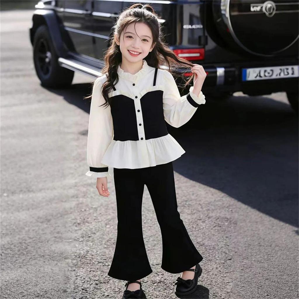 Korean Style Little Coco Shirt & Flare Pants Set for Girls - Spring Casual Fashion.