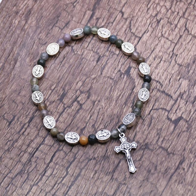 Beaded Stretch Rosary Bracelet with Cross-Charm Catholic Bracelets for Women Girls Religious Rosary Jewelry Wristband