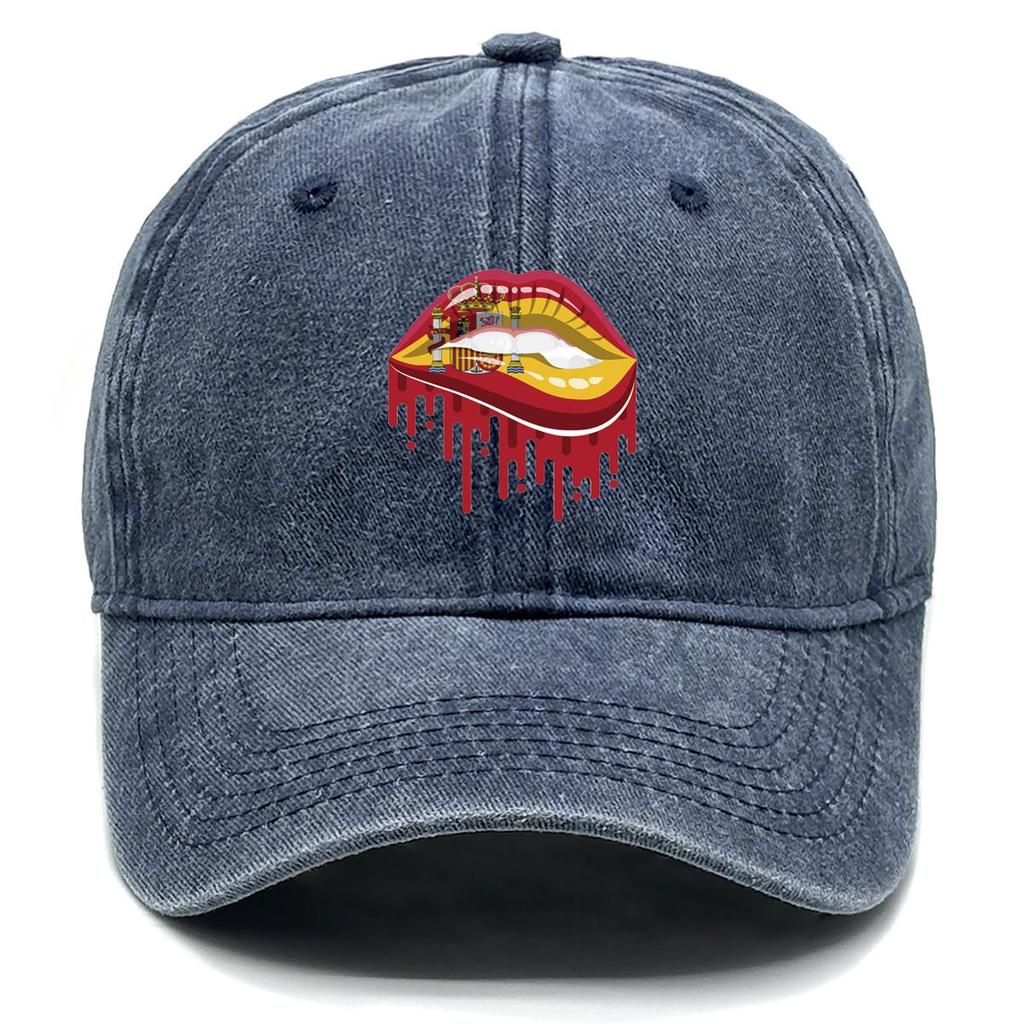 Spain Flag Lip Print Snapback Baseball Hat, Patriotic Sports Hat Vintage Hip Hop Breathable Distressed Adjustable Baseball Cap