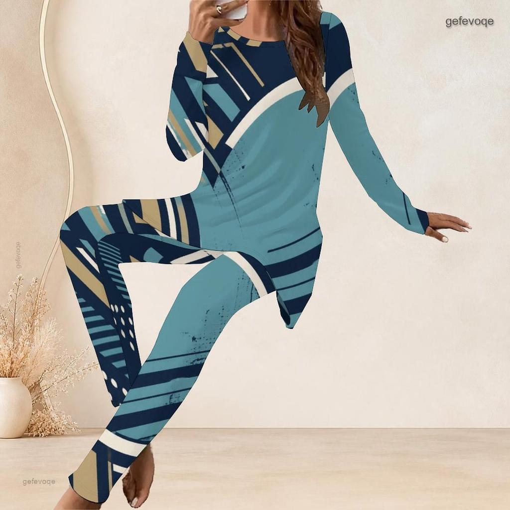 Women Plus Size Navy Blue Gold White Printed Round Neck Long Sleeve Longline Top Fitted Pants Two Piece Set