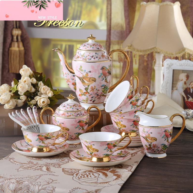 Pink Bird Bone China Coffee Set Porcelain Tea Set Advanced Ceramic Pot Mug Sugar Bowl Creamer Teapot Milk Jug Teaset Tea Cup Set