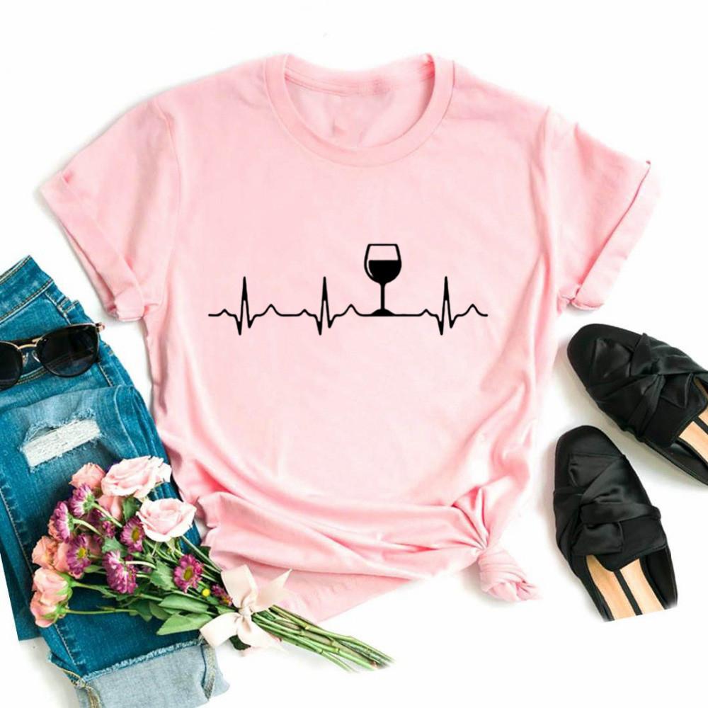 Wein Herzschlag Damen T-Shirt Lässig Lustiges T-Shirt Dame Junges Mädchen Oberteil Höhere Qualität