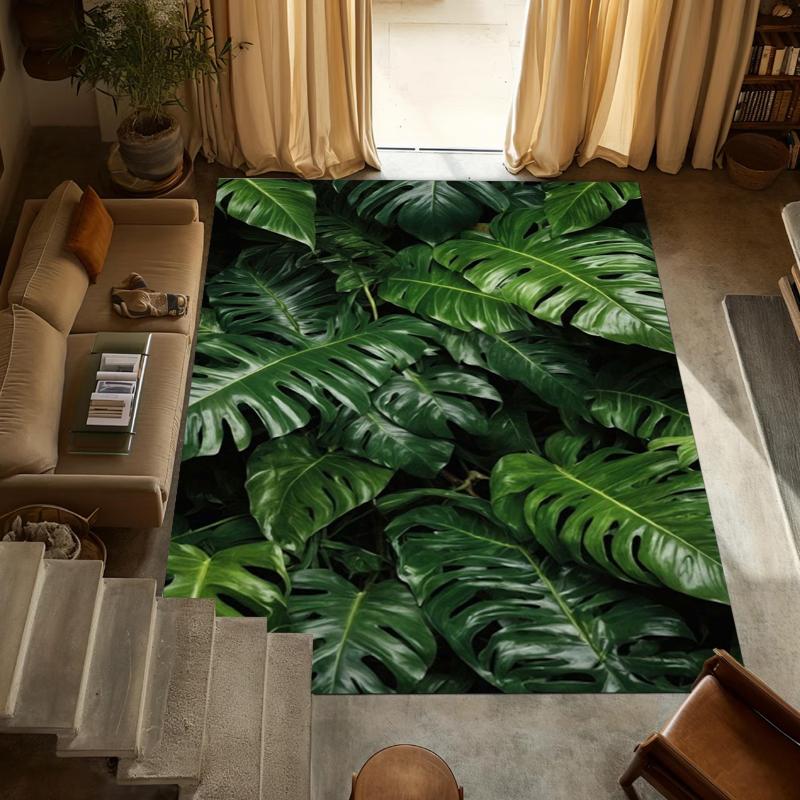 2D Green Monstera Leaf Area Rug Tropical Plant Themed Floor Carpet Non-Slip Washable Bathroom Doormat Living Room Kitchen Carpet