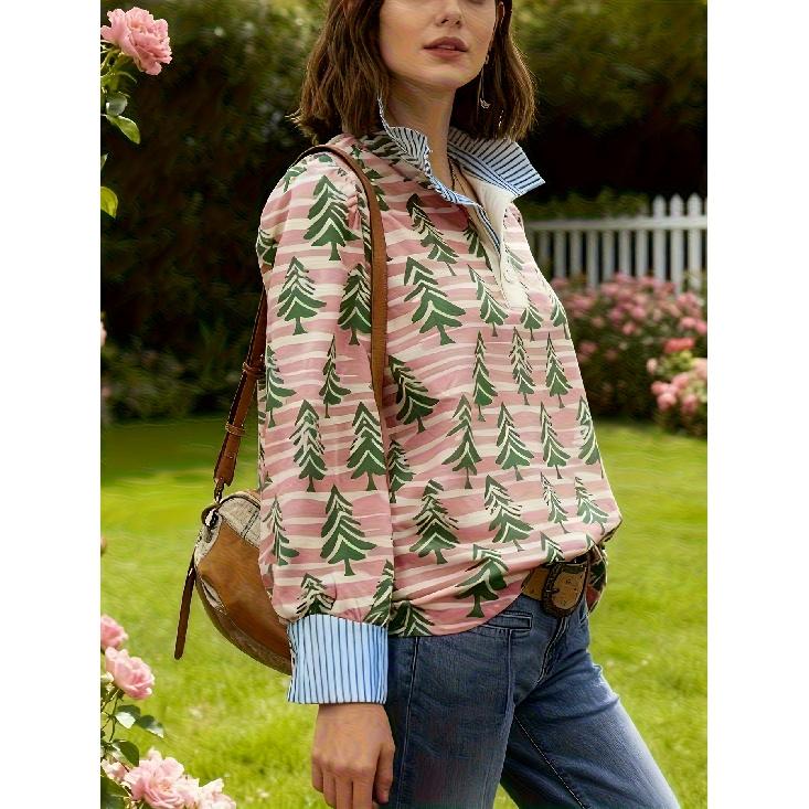 Women's Retro Christmas Pattern Blouse - Turn-Down Collar Long Sleeve, Loose Casual Silhouette, Festive Gift Tree Print Top Suitable for Fall/Winter