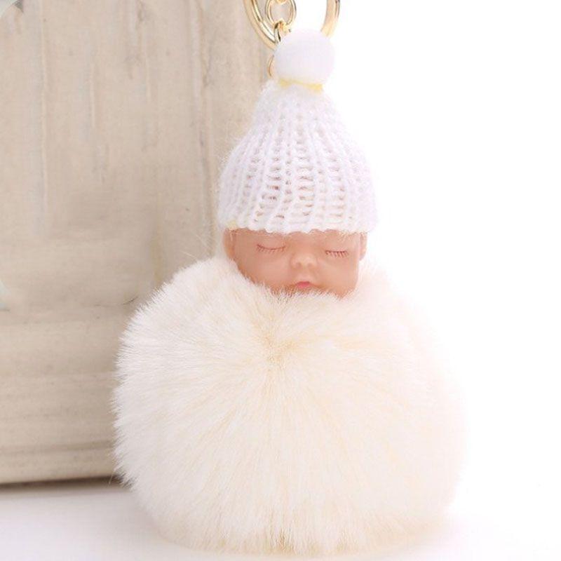 Entzückender schlafender Babypuppen-Schlüsselanhänger mit weichem künstlichem Kaninchenfell für Taschen und Schlüssel