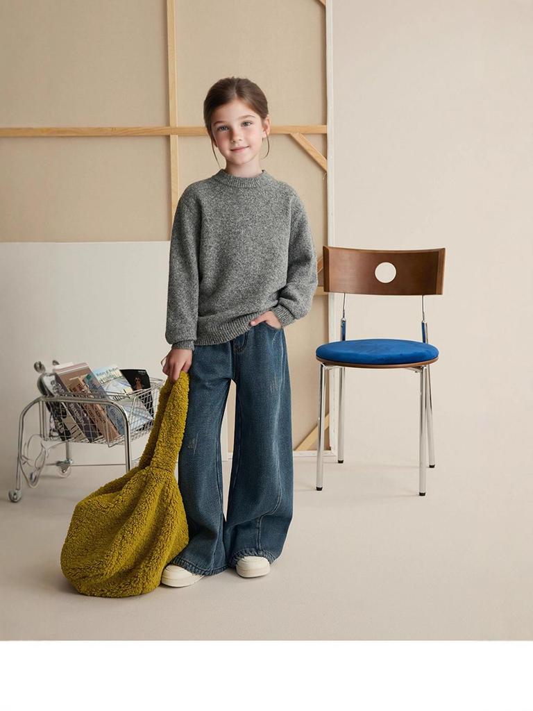 Children's Wool Ribbed Sweater - Round Neck, Cozy Autumn/Winter Base Layer for Girls