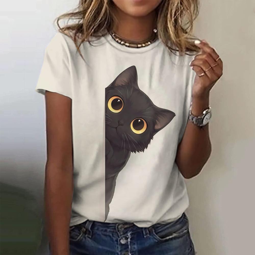 Damen T-Shirt 3D Niedliches Tier Mode Katze Print T-Shirt Sommer Top Lässig Kurzarm Y2k Übergroße Kleidung
