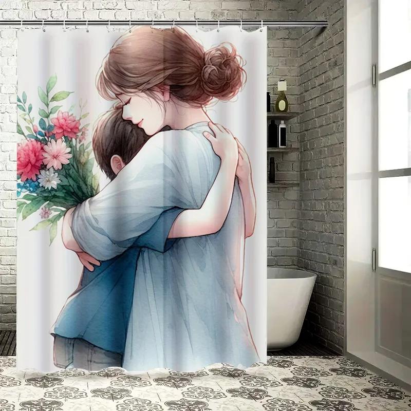 Watercolor Romantic Couple with Floral Bouquet Design Waterproof Shower Curtain for Modern Bathroom Decor, Stylish and Durable