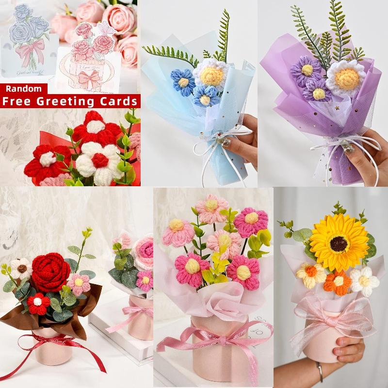 Artificial Flower Crochet Bouquet Knitted Rose Flowers Hugging Bucket Valentine's Day Birthday Gifts Sunflower Daisy Bouquet