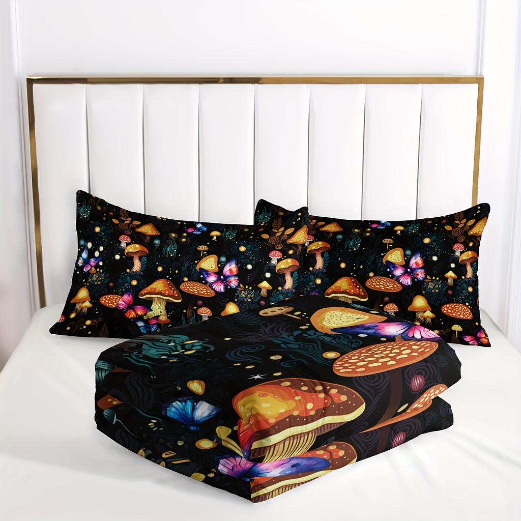 Mushroom Comforter Sets Natural Wild Fungus Bedding Sets Botanical Plants Duvet Set with 3D Printed Bedding