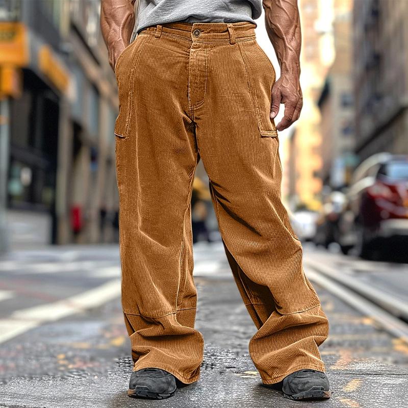 Men Corduroy Loose Casual Solid Color Elastic Waist Straight Long Pants