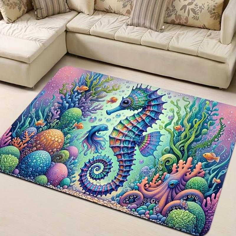 Underwater Seahorse Doormat, Ocean Theme Polyester Rug, Non-Slip Machine Washable Door Carpet for Bathroom Decor