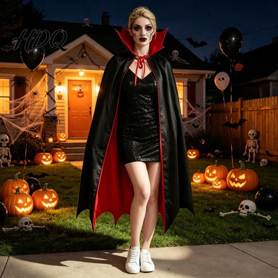 Halloween Costume Cape Vampire Cloak with Stand Up Collar, Medieval Gothic Festival Atmosphere Clothing Black Red for Cosplay, Masquerade, Fancy Dance