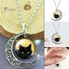 Women\'s Hollow Crescent Black Cat Glass Pendant Link Chain Necklace Jewelry