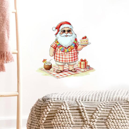 Summer Christmas Stickers Picnic Santa Claus Wall Sticker, Waterproof PVC Plaid Decal Mural Decals with Cake Design, Removable Art Decor for