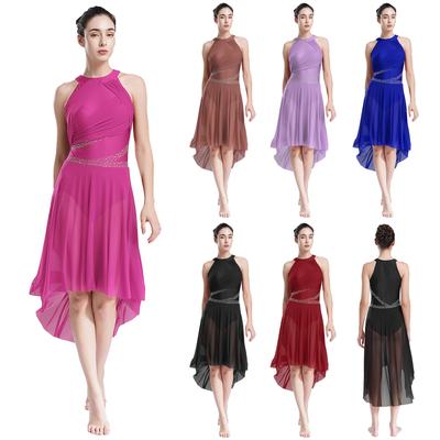 Women's Sleeveless Lyrical Ballet Leotard Dress Shiny Rhinestone Modern Contemporary Dance Costume