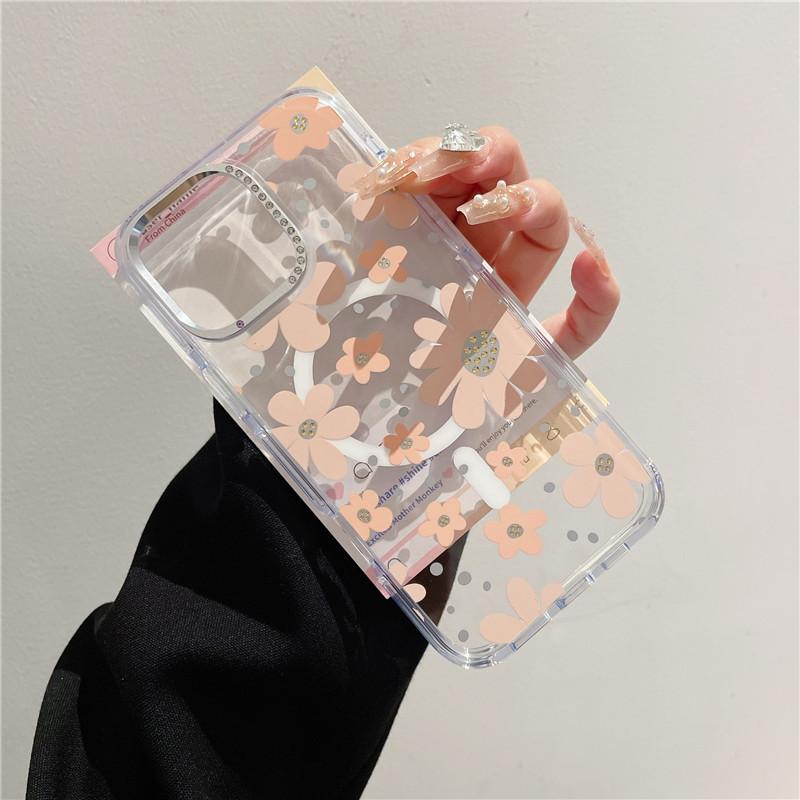 Applicable To Iphone16 Mobile Phone Case Diamond Lens Frame Apple 17 Transparent Magnetic Case Small Fresh Flower 15pro