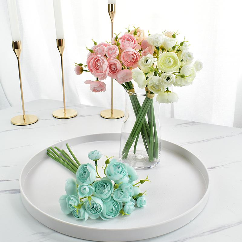 Small Tea Rose Lotus Bunch Fake Flower Simulation Artificial Camellia Hand Bouquet Decorative Ornament Wedding Photo Props