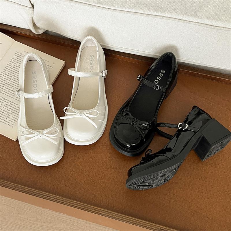 Białe francuskie retro grube wysokie obcasy płytkie buty damskie 2025 nowe lato ze spódnicą kokarda buty Mary Jane