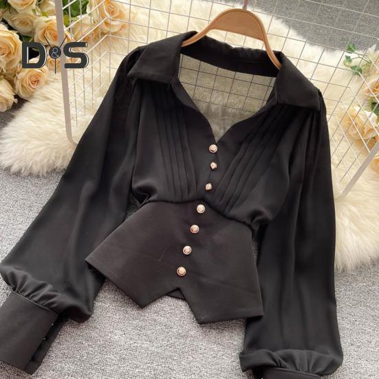 Women French Style Shirt Lapel V Neck Puff Long Sleeve Shirt Buttons Decor Irregular Hem Solid Color Tops