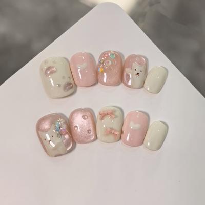 10Pcs Handmade Pink Short Ballet Press On Nails Cute Cat Bow Tie Love Design Glossy Fake Nails For Women And Girls