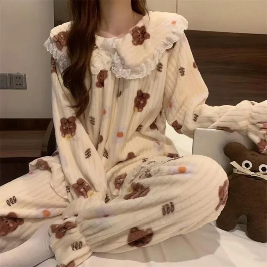 Women's Warm Pajamas Sets Autumn Winter Soft Cute Younger Top and Pants Sets 2pcs Casual Home Wear Sleepwear