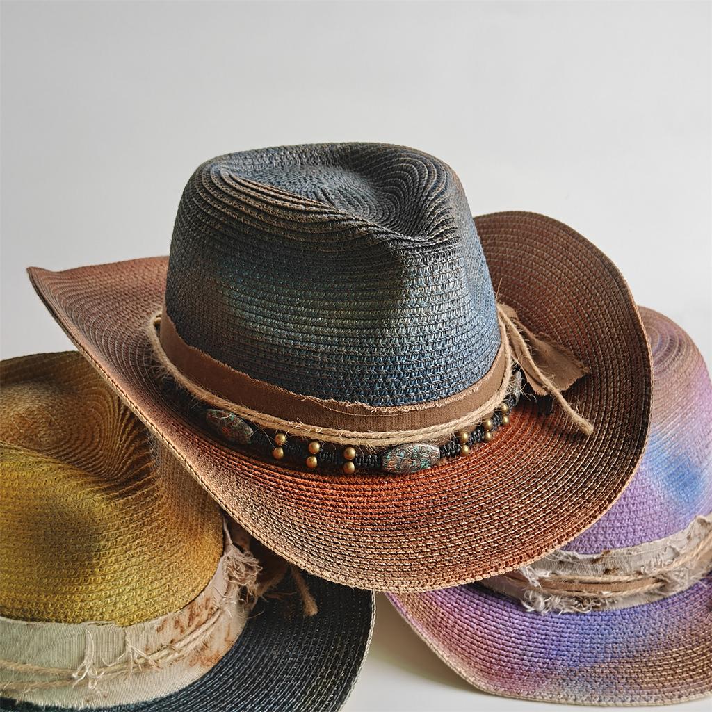 Painted Tie-Dye Cowboy Hat Unisex Sun Hat Wide-Brimmed Malleable Straw Woven Western Cowboy Hat Music Club Party Holiday Hat