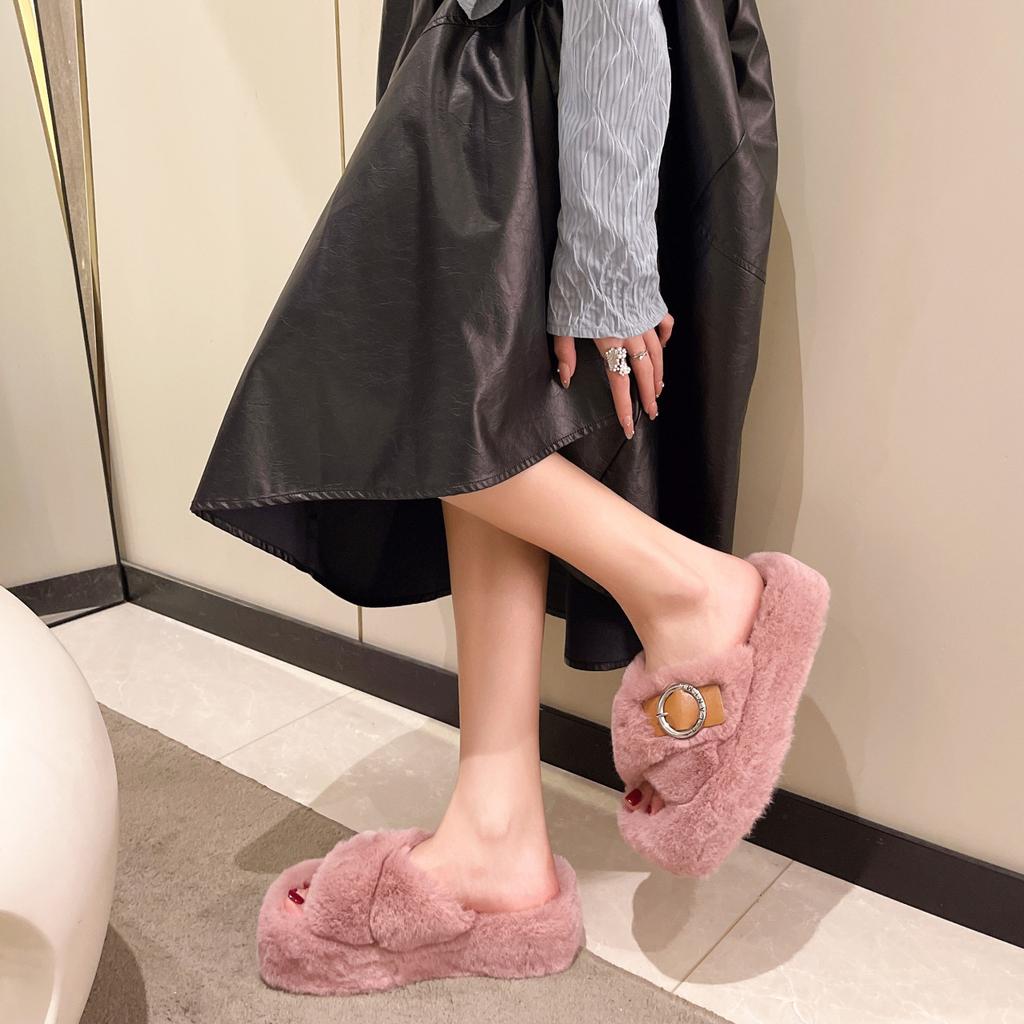 Korean Version Ins Trendy Fluffy Slippers Women's  Autumn Soft Bottom Cross with One-word Drag Casual Outer Wear Versatile Cotton Drag