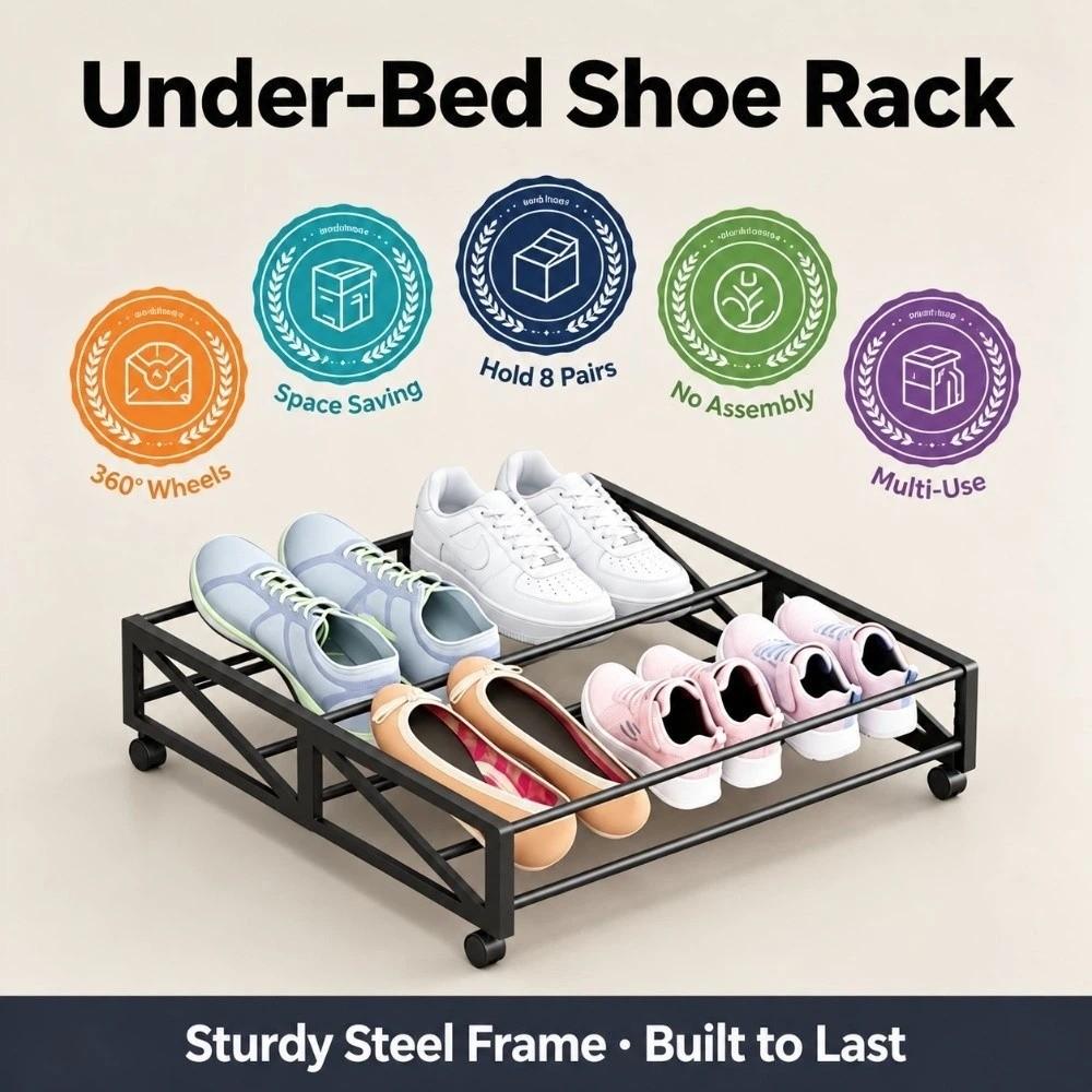 Simple Movable Shoe Storage With Wheels Pull-Out Shoe Rack Hidden Under-Bed Shoe Rack Home