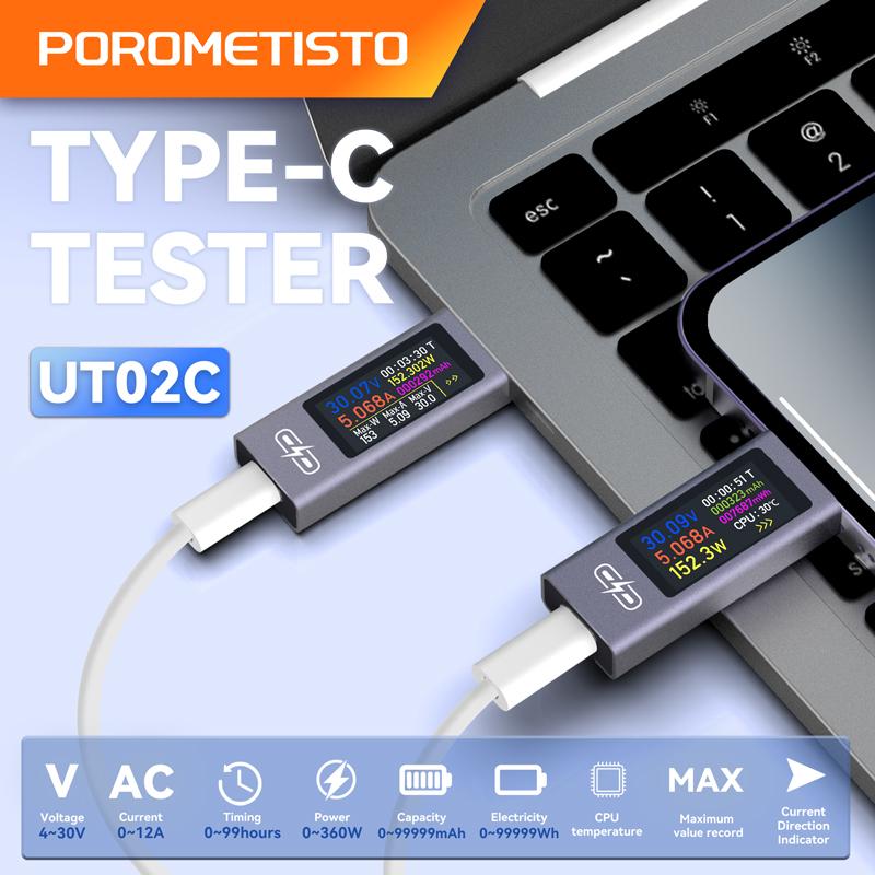 UT02C/UT03C Type-C Multi-function DC Voltage Ammeter DC 4~30V 12A Voltage Current Power Meter Phone Charging Tester Battery Test